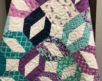 Handmade Crib Quilt - Baby Girl Quilt - Pieced Quilt - Purple/Lilac/Navy/Aqua - 35.5 X 46.5 inches