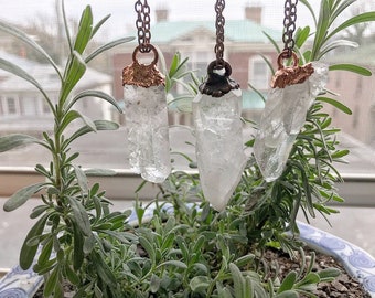Raw Clear Crystal Quartz Point Necklace Electroformed Pendant Gift
