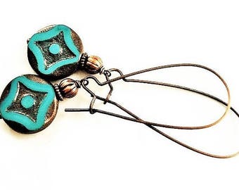 Green Earrings Glass Jewelry Vintage Style Copper Earrings Bohemian Jewelry Gypsy Earrings Casual Jewelry Long Earrings Gift Boho Earrings