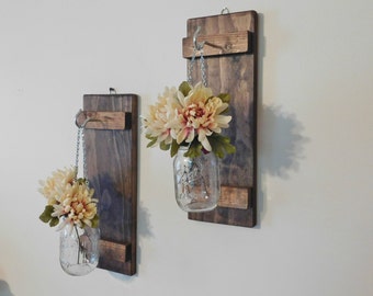 Set of 2 Hanging Mason Jar Sconces, Wall Decor, Farmhouse Decor, Mason Jar Decor, Mason Jar Wall Sconces, Rustic Home Decor