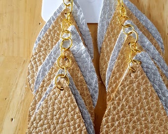 Gold/Silver Leather Shoulder Duster Dangle Earrings