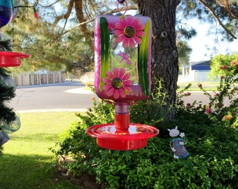 Custom Glass Hummingbird Feeder, Recycled Amaretto Bottle, Bird Feeder, Pink, Mosaic Glass, 32 oz, Large, Garden Gift, Outdoor Decor