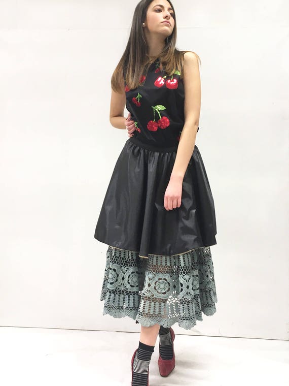 Reversible Circle Hand Made Crochet Skirt LOLA DARLING Hand Painted Leather Effect Canvas Black Satin Recovered Fabrics Unique Made in Italy