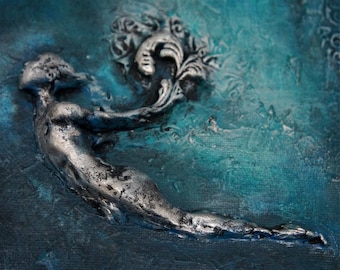 The Diver. COMMISSION Inspirational Wall Sculpture by Fae Factory Artist Dr Franky Dolan (3D clay relief canvas painting art) {SEE VIDEO}