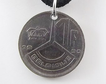 Belgium Coin Necklace, 1 Franc, Coin Pendant, Leather Cord, Mens Necklace, Womens Necklace, Birth Year, 1990