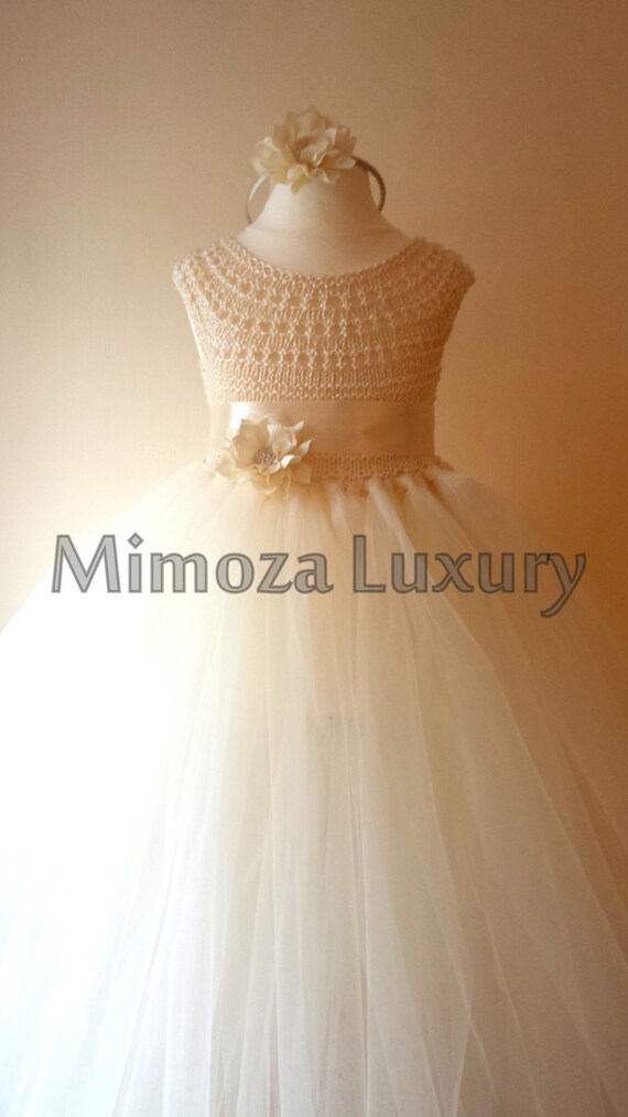 Shabby Chic Ivory Flower girl dress, tutu dress, bridesmaid dress, princess dress, cream crochet top tulle dress, shabby chic vintage look