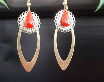 Handmade, jewelry, dangling earrings, long, gold, red, mothers, gift for women