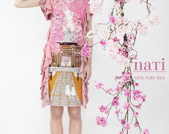TEMPLE with CATs cherry blossom DRESS flouncy pastel pink pretty haute couture