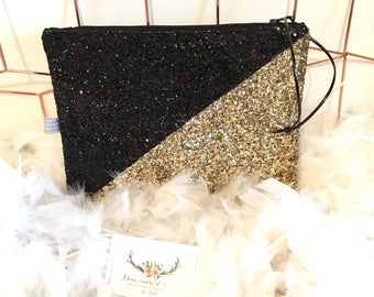 Bag clutch bag, black and gold glitter