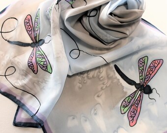 Hand Painted Silk Scarf - Handpainted Scarves Dragonflies Dragonfly Navy Light Blue Purple Grey Gray Green Pink Pastel Spring Summer