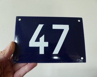 Antique /vintage French convex dark blue and white metal enamel house number 47 - Gate number