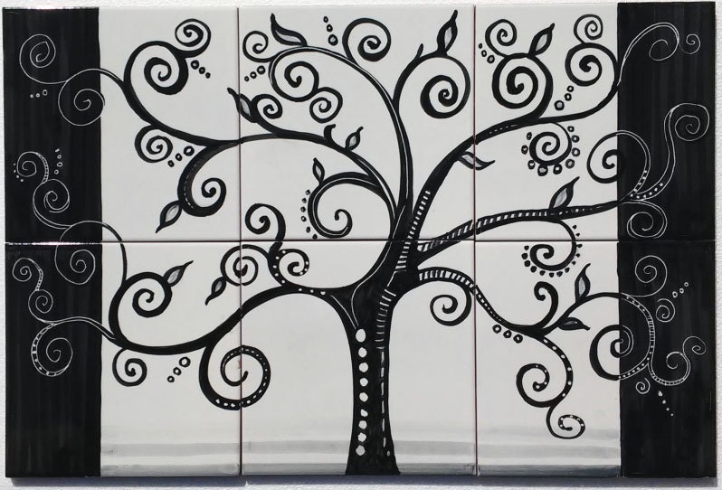 Hand Painted Tile Mural The Tree Black Decor Zoom