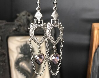 Art deco purple glass heart earrings
