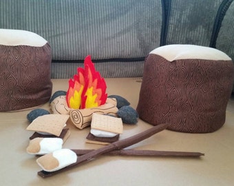 Felt Campfire - photography prop - Tree Stump Seats - pretend campfire - teepee play - camping - Bonfire - felt food - toy fire -fake fire