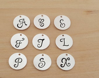 Add a Hand Stamped Silver Initial Charm / Script Font / Alphabet Initial Disc - Initial Disc
