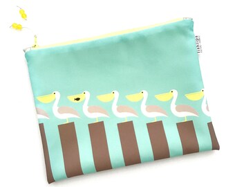 Pelican Pier Group Wet Bag, Birds Bikini Bag, Summertime Water Resistant Zipper Pouch, Recycled Canvas Beach Bag, Handmade Gift for Her