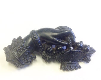Antique, Victorian Jet, hand, mourning brooch in pressed horn. Mourning jewellery.
