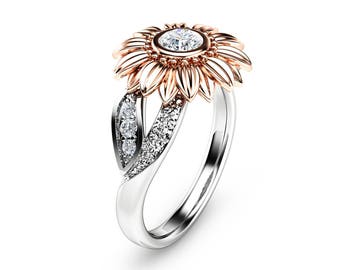 Two Tone Gold Sunflower Engagement Ring Sunflower Diamond Ring Unique Engagement Ring Diamond Flower Ring