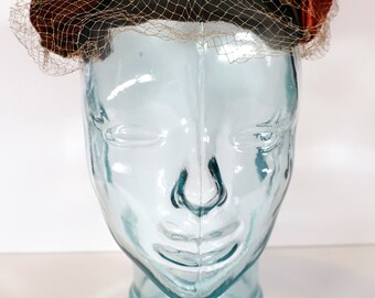 50s Tawny Orange Chocolate Brown Netted Mesh Velvet Silk Fascinator