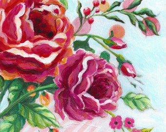 Modern floral still life, contemporary floral art, pink roses painting, colorful wall art, set of 2 fine art prints available by Paula Prass