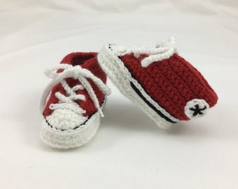 Crochet Converse Style/Chucks Baby Booties. UK Size 2 (Up to 6 Months) - Red