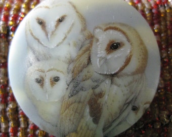 Barn Owl Family Czech Glass Button 42mm