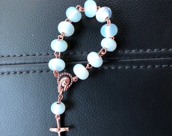 Copper and Rose Gold plated pocket rosary w/ opal moonstone white glass beads