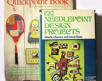 vintage hippie needlepoint books, Quickpoint and 120 Needlepoint Design Projects, retro, 1970's, great for plastic canvas