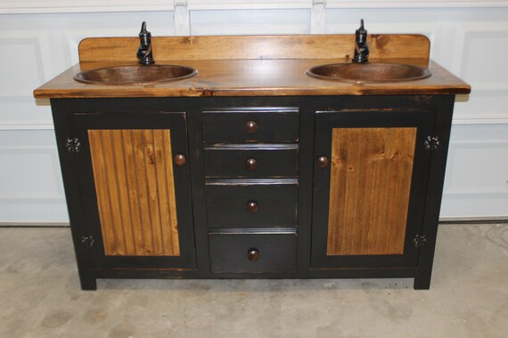 Bathroom Vanity - Rustic Farmhouse Vanity - Double Bathroom Vanity - Copper Sinks - 60" - Bronze pump faucets - Faucets and sinks included