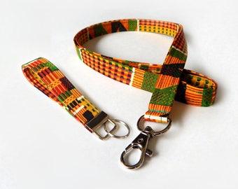 African Kente Lanyard Set / Rasta / Tribal Keychain / Red Yellow and Green / Key Lanyard / ID Badge Holder / Fabric Lanyard / Key Fob