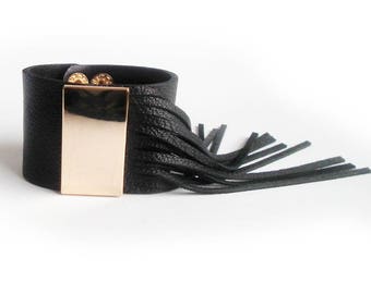 Leather FRINGE bracelet black with gold or silver badge