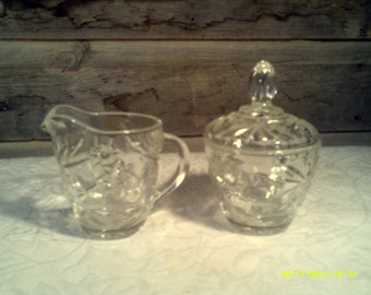 Vintage Pressed Glass Sugar and Creamer with Starburst Pattern
