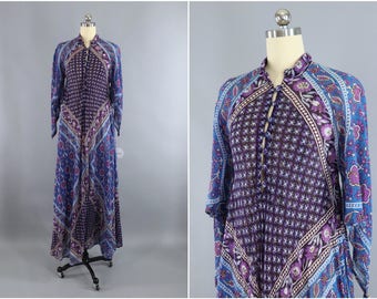 Vintage 1970s Indian Cotton Maxi Dress / ADINI / India Cotton Gauze Dress / Blue & Purple Floral Caftan