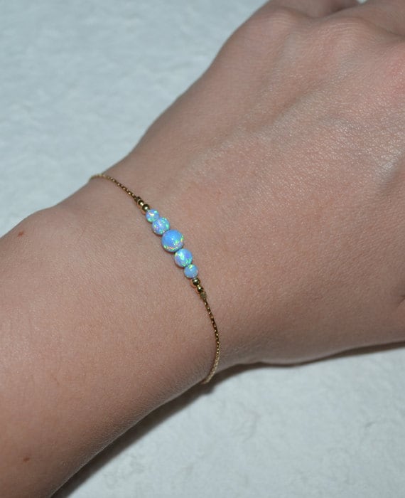 Blue Opal Bracelet, Opal Jewelry, opal ball/bead bracelet, opal gold bracelet, simple/elegant tiny dot horizontal bar bracelet