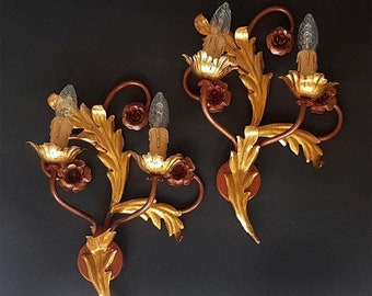 SALE Vintage Pair of Italian Wall Sconces with gilt Leaves and burgundy Flowers, Florentine Tole Wall Sconces Bohemian Decor