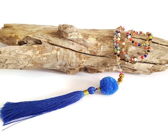 Necklace long blue tassel