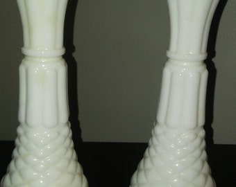 Set of 2 Vintage Milk Glass Vases (Pineapple Design)