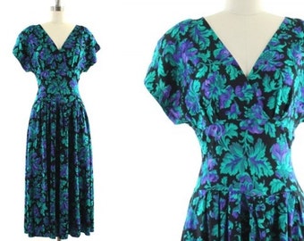 SALE green flowered dress • vintage 80s midi dress • floral print dress • long flowered dress S/M