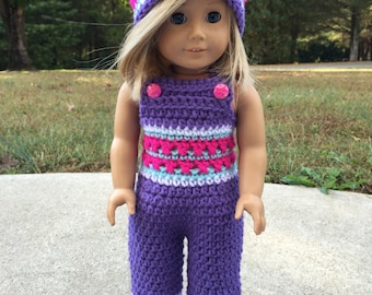 Purple & Pink 18" Doll Crochet Overalls w/ Matching Hat
