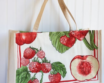 Summer Fruits Farmers Market Bag - Large Tote Bag - Strawberry - Cherry - Raspberry - Shopping Bag