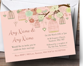 Vintage Shabby Chic Birdcage Coral Personalised Wedding Invitations