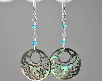 Round Filigree Pendant Dangle Earrings Silvery Iridescent Black Mother of Pearl