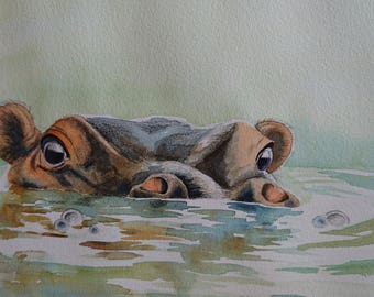 Special spa time - hippo style, in Sunlight, A3, watercolour, Contemporary art littlecl@mail.ru