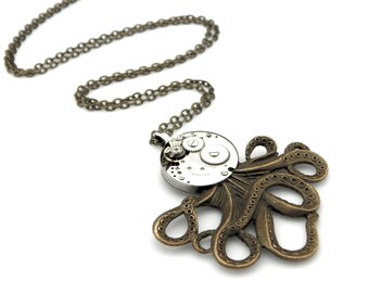 Steampunk Octopus Pendant Necklace - Clockwork Cephalopod Necklace - The Brainiacs - Clockpunk Octopus