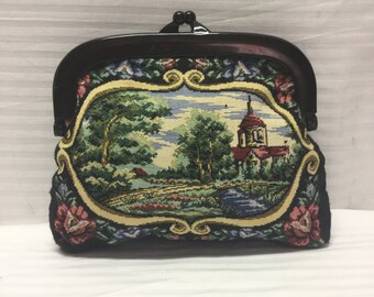 Tapestry Clutch, Kiss Lock, Purse, Lucite Clasp