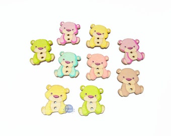 8 buttons bears vintage wooden painted 2.8 cm - 2 holes