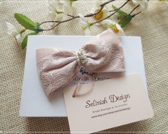 Pink Lace Bow, Women Bow, Bow Hair Clip, Pink Hair Barrette, Girl Hair Bow by Selinish Design