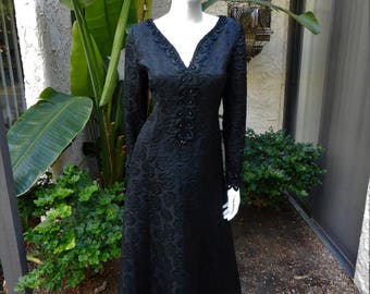 Vintage 1960's Long Black Brocade Evening Dress - Size 12