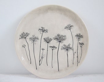 ceramic plate with plants, relief platter, organic plate, appetizer with plants, handmade ceramic tray, serving plate, decorative plate