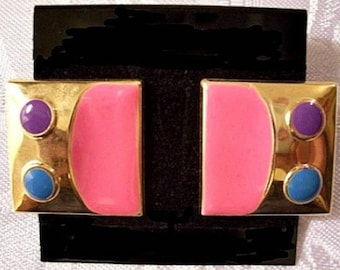 Pink Fuchsia Square Pierced Stud Earrings Gold Tone Vintage Large Purple Blue Dots Surgical Steel Posts